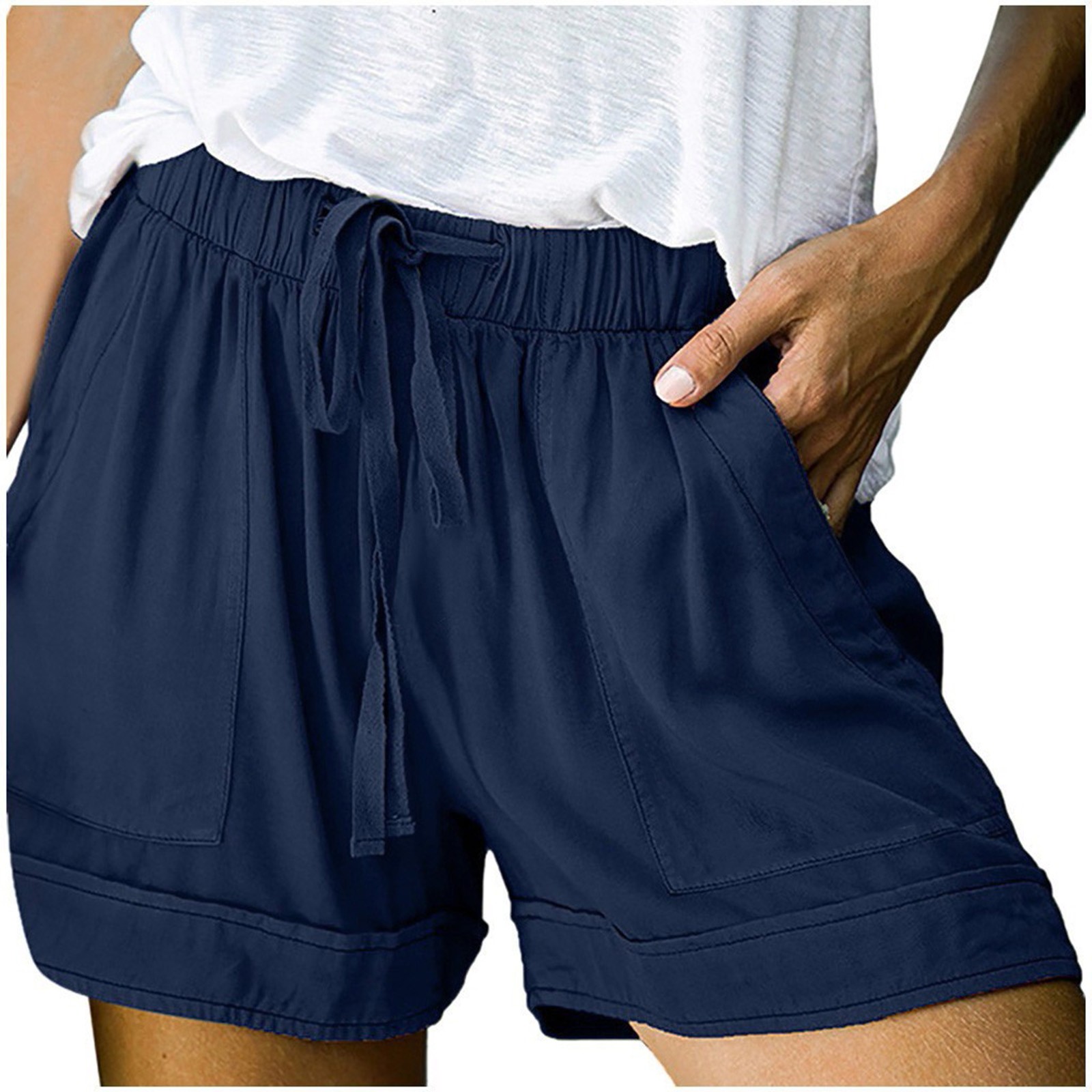 thumbnail image 4 of Pantalones cortos cómodos con cordón y cintura elástica para mujer - Pantalones holgados de color liso con bolsillos - Ropa informal de verano de poliéster, 4 of 8